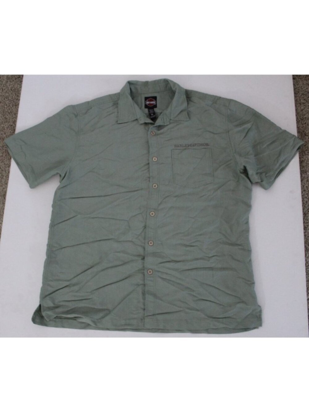 Harley Davidson‎ Mens XL Green Geometric Micro Print Short Sleeve Button Shirt